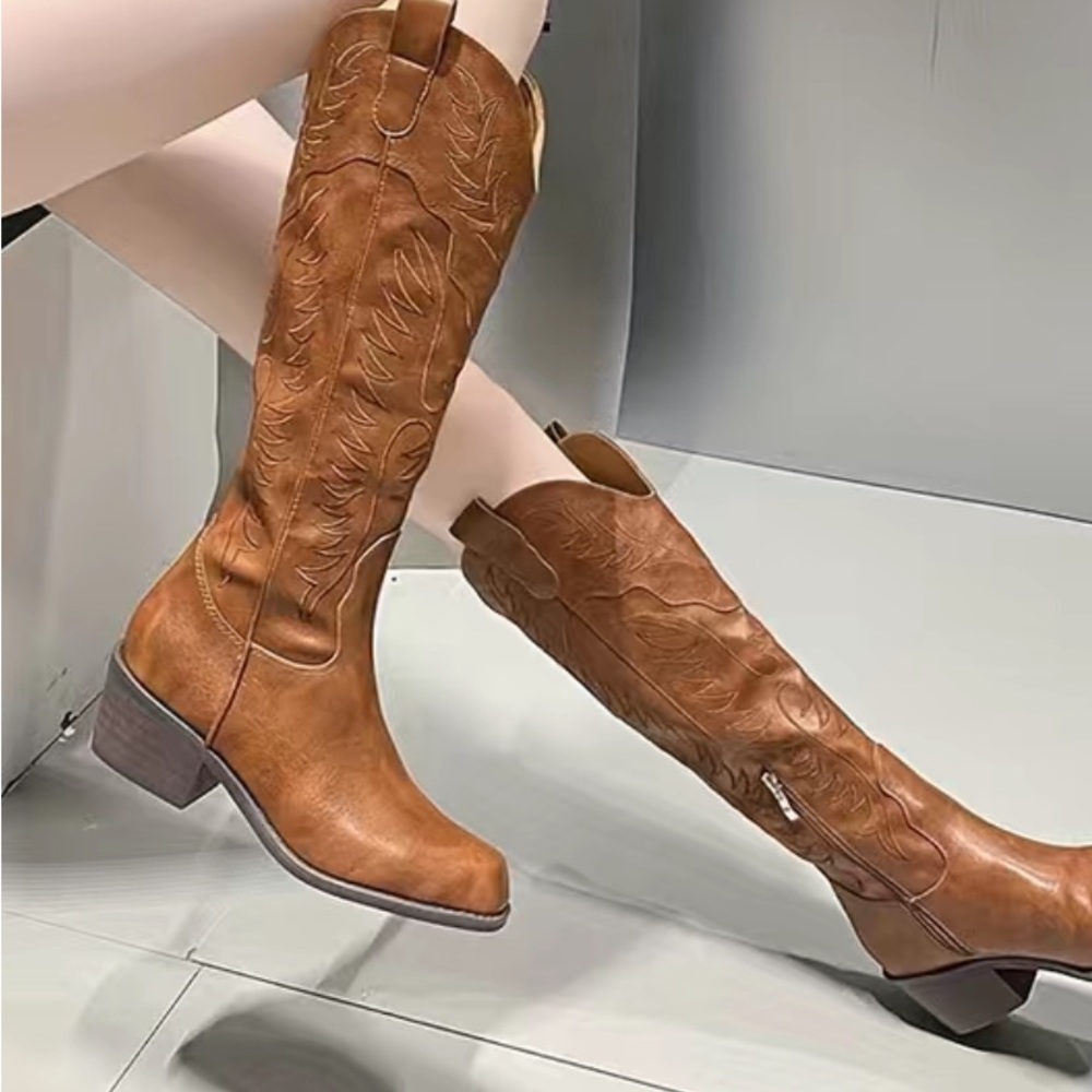 Light Brown Colored Knee High Cowgirl Boots with  Beautiful a Embroidered Design